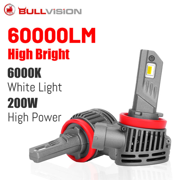 Bullvision H11 LED Headlights 60000LM LED H7 H4 HB3 9005 H8 H9 9012 HIR2 HB4 9006 200W High Power CSP Chips Mini Size Fog Lights