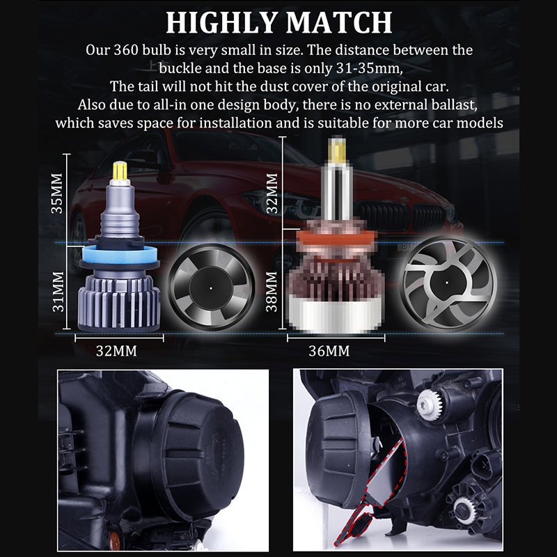 H7 Led Bulb 360 For Projector Lens Perfect Spot Light H1 H8 H9 H11 Fog Lights 9006 Hb4 9005 Hb3 9012 Hir2 Led H27 880/881 360 20000LM 60W 3D Auto Lamps Super Mini No Ballast Turbo Fan