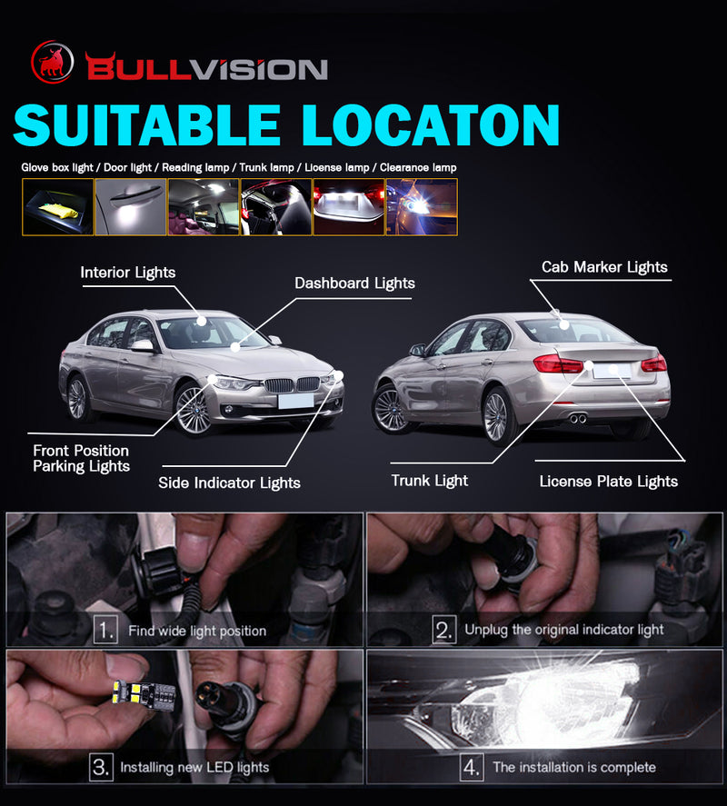 2PCS T10 W5W LED Signal Lamps 3030 SMD Chips 168 194 Interior Reading Light Day Running Light Tail Bulb Brake Lights White Color