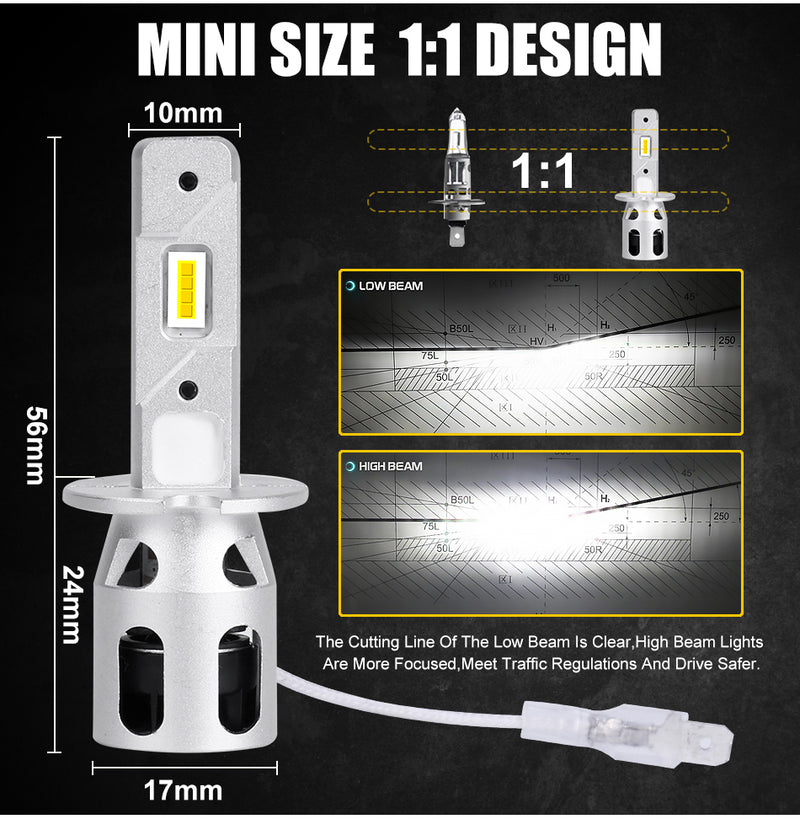 H1 LED Headlights 20000LM 8PCS 3860 CSP Chips Cut-off STG Auto Fog Lights High Bright Mini Diode 1:1 Size Plug and Play 12V 24V